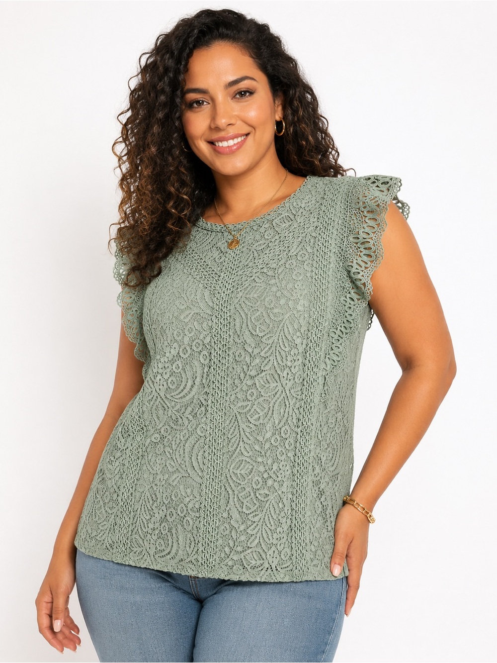 Cable & Gauge Sage Green Crochet Lace Flutter Sleeve Tank Top